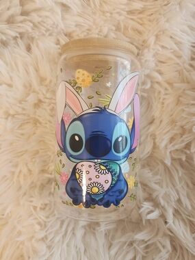 Stitch Easter Glass 16 Oz Cup With Bamboo Lid Tumbler